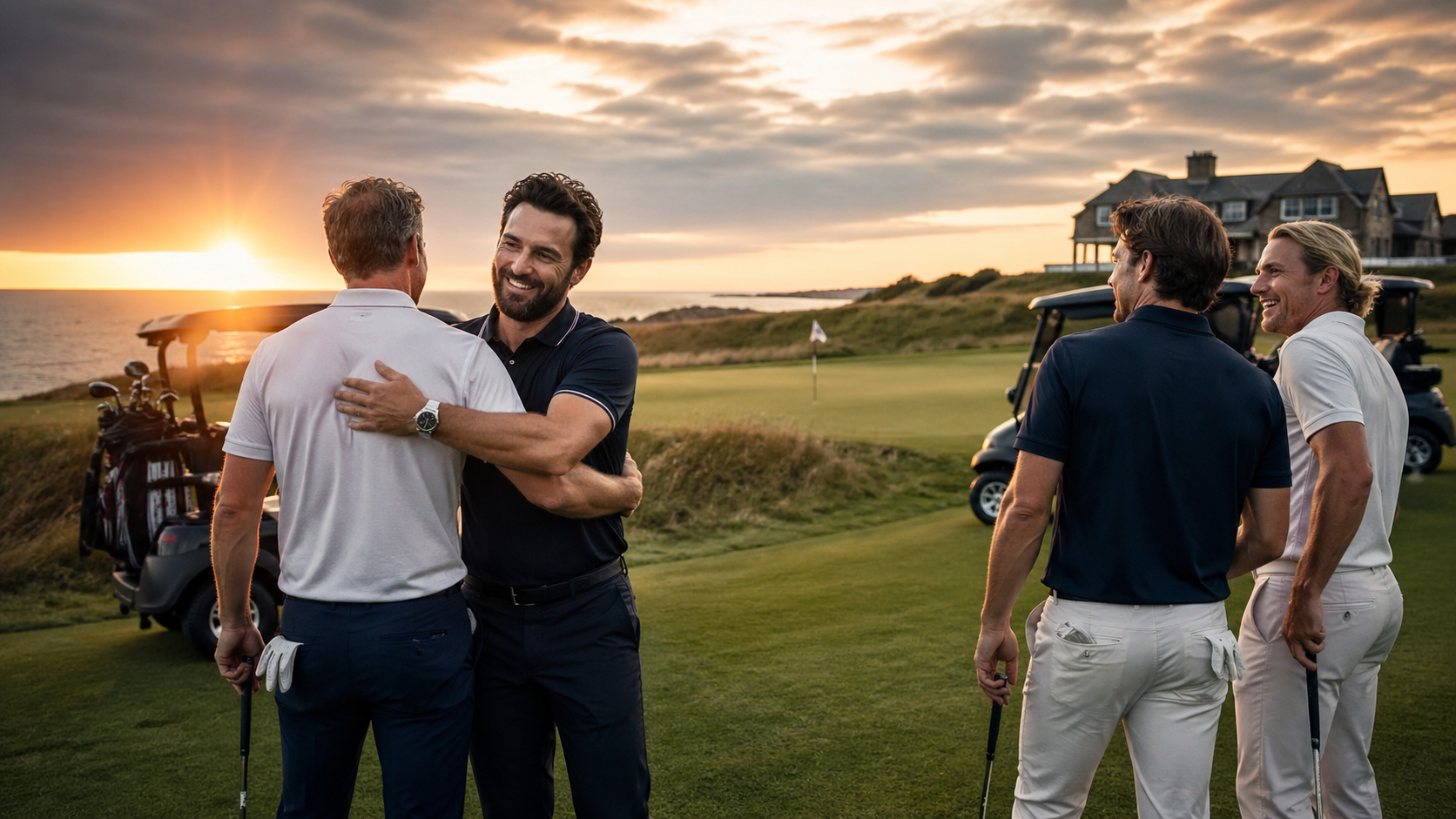Golfer umarmen sich nach der Runde im Sonnenuntergang