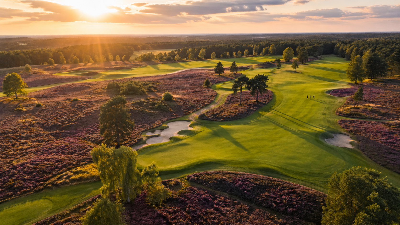 Heideland-Golfplatz im warmen Licht des Sonnenuntergangs