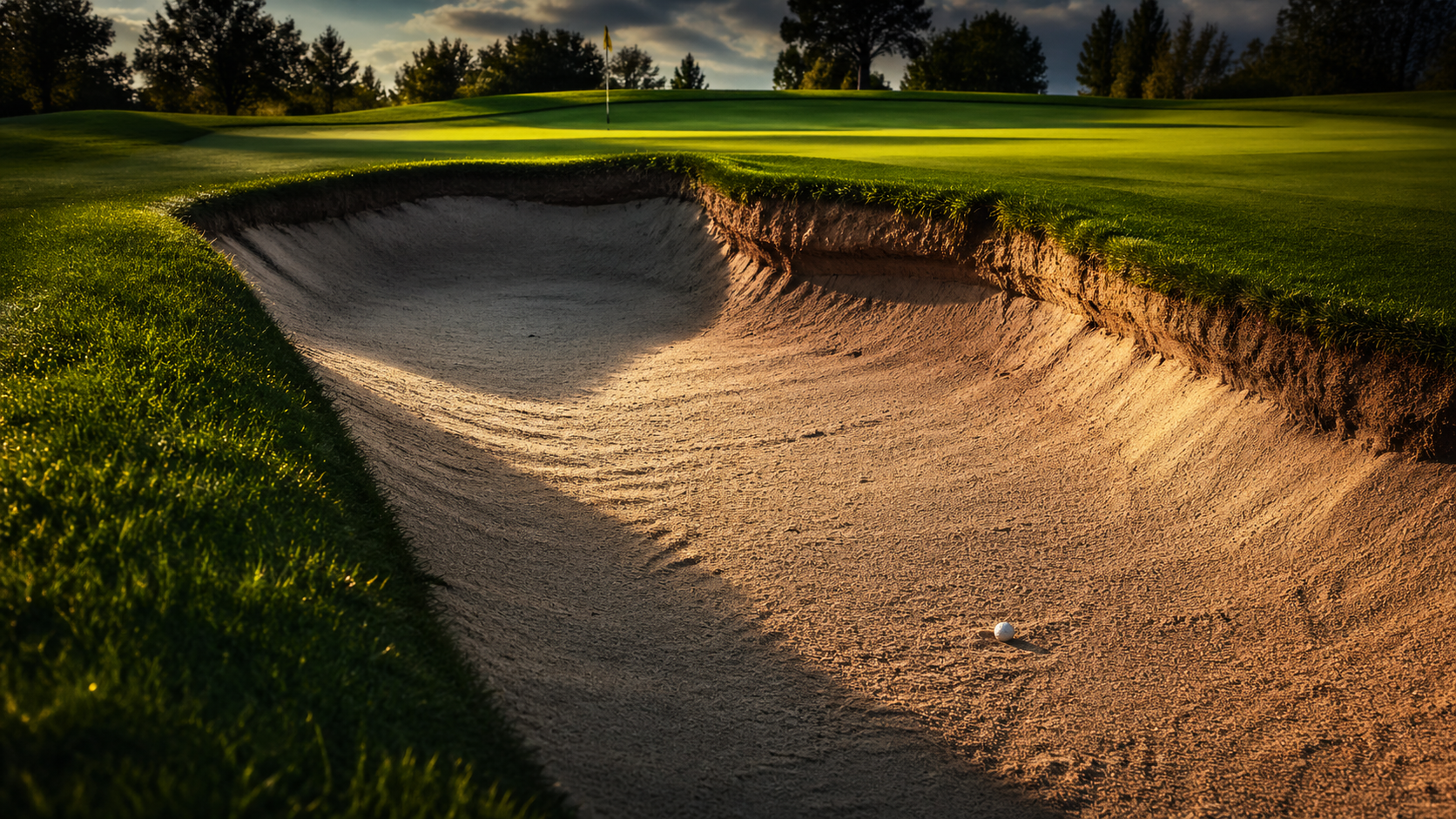 Golfball liegt im Sandbunker neben einer Fußspur