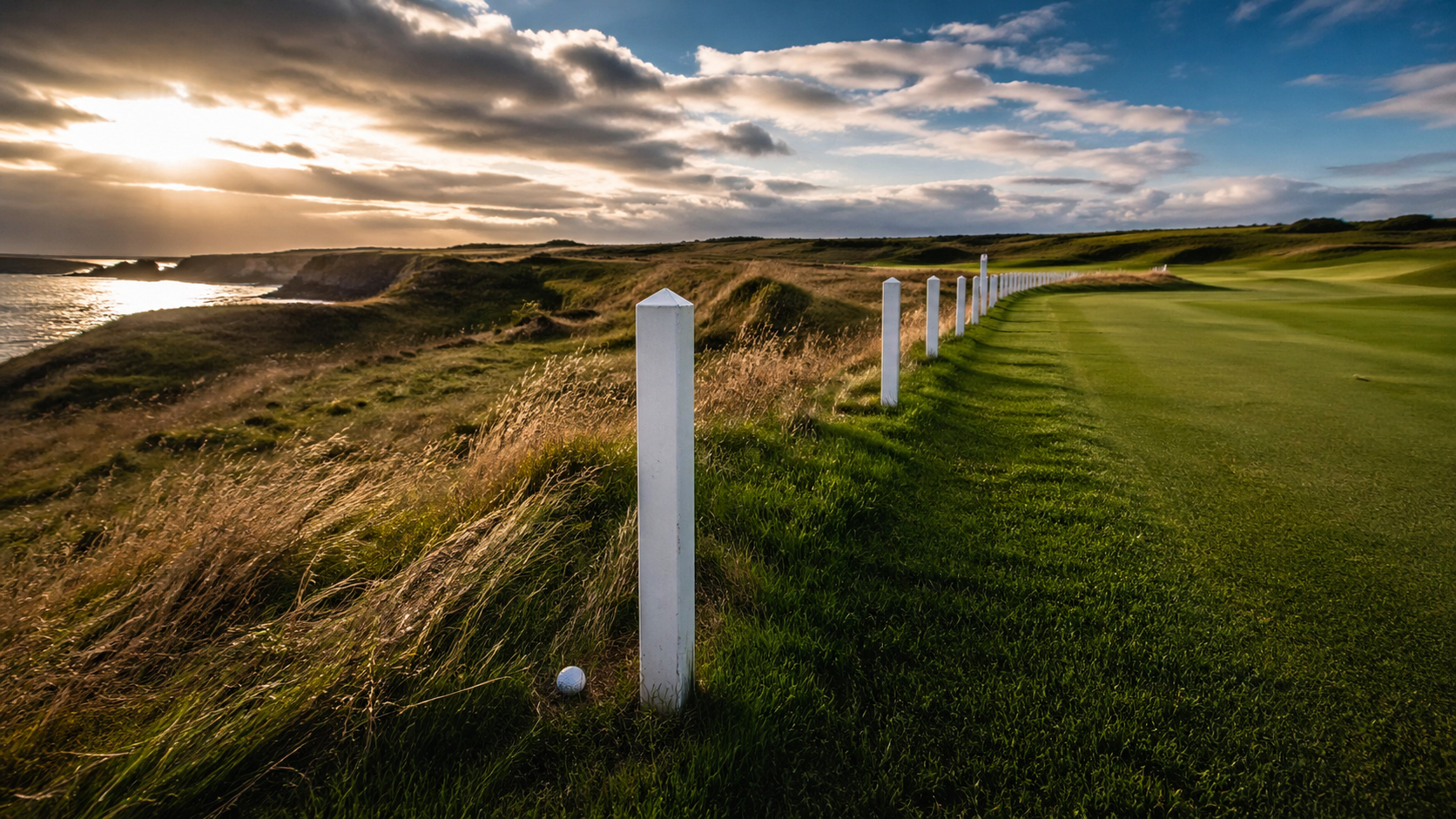 Weiße Out-of-Bounds-Pfähle am Rand eines Golfplatzes