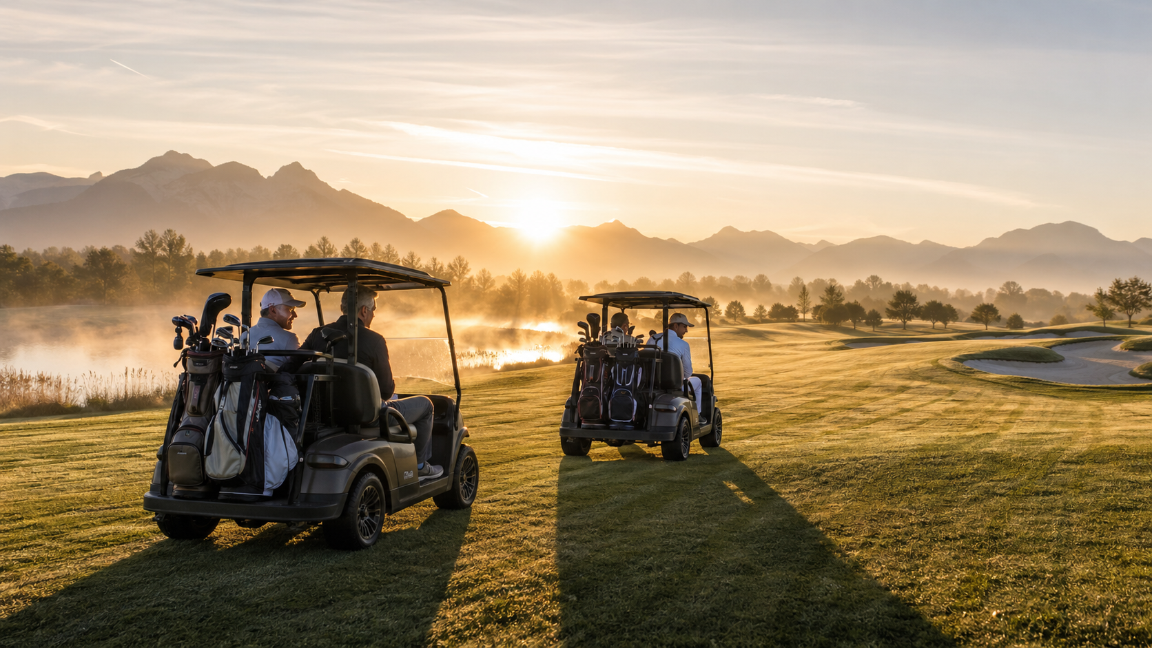 Zwei Golfcarts vor Bergpanorama im Sonnenaufgang